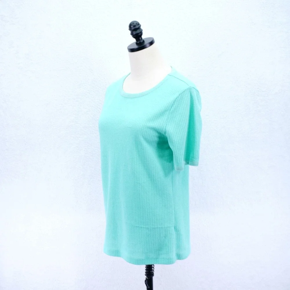 J. Crew -Medium- Ribbed Knit Teal T-Shirt Crew Neck Top Cotton Polyester Elastan
